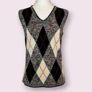 Vintage Argyle Pullover Sweater Vest By Kasper and Co. Black White Size Medium